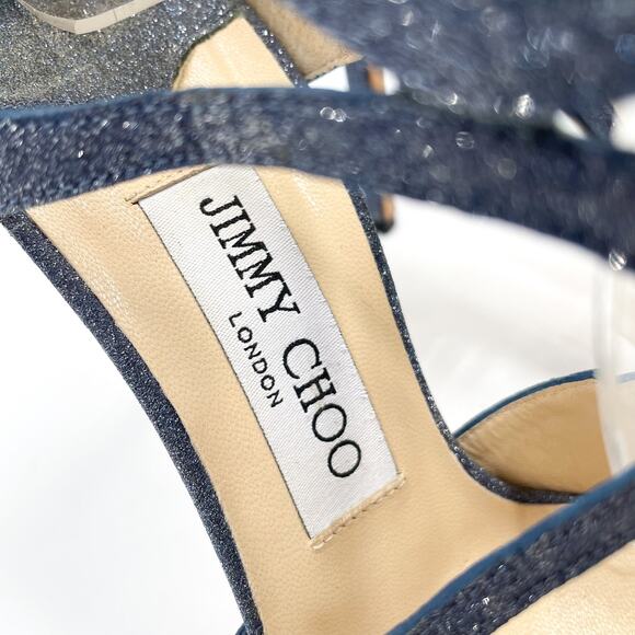 Jimmy‎ Choo Lang Glitter Sandals Fine Navy Blue Strappy Stiletto Heels Sz 37 / 7 - Picture 6 of 9